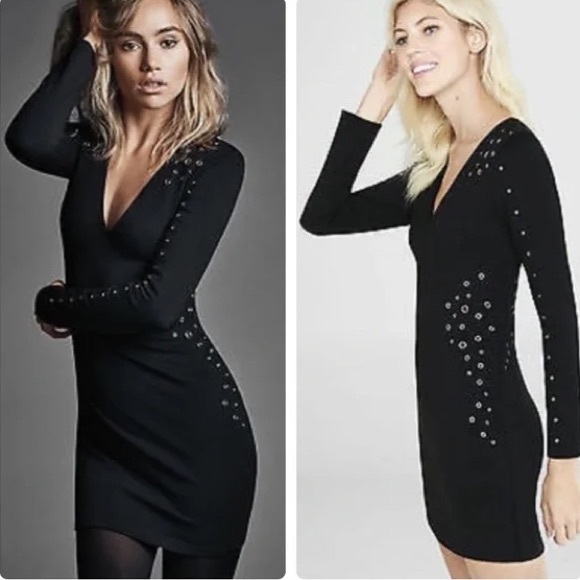 Express Black Bodycon Silver Grommet Deep V Neck Long Sleeve Mini Dress Size XS - Picture 1 of 8